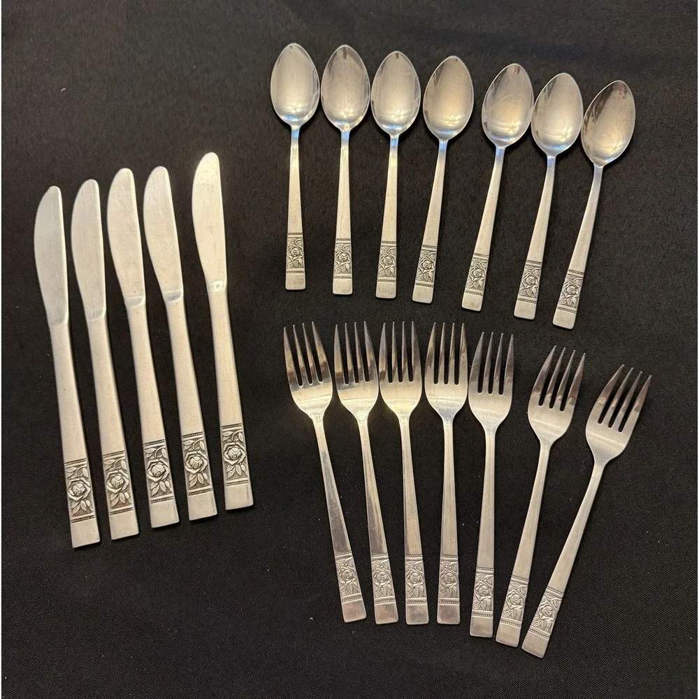 National Stainless Japan Vintage Laureen Place Rose Set 19 Forks Spoons Knives